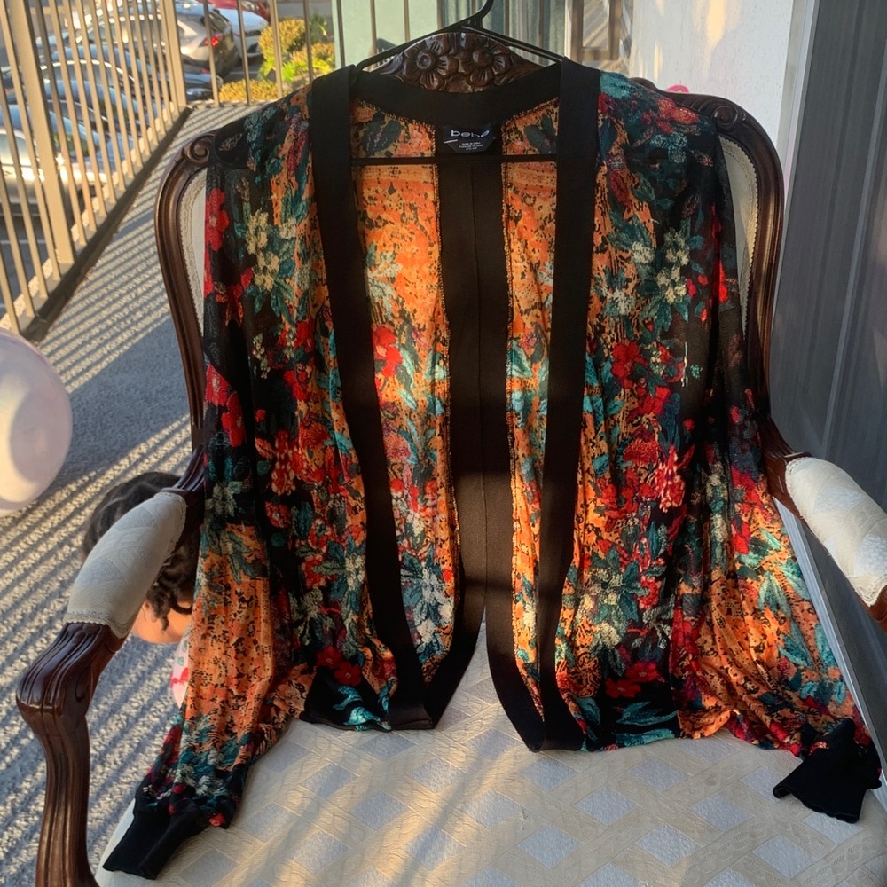 bebe Black Cardigan with Orange Floral Accent